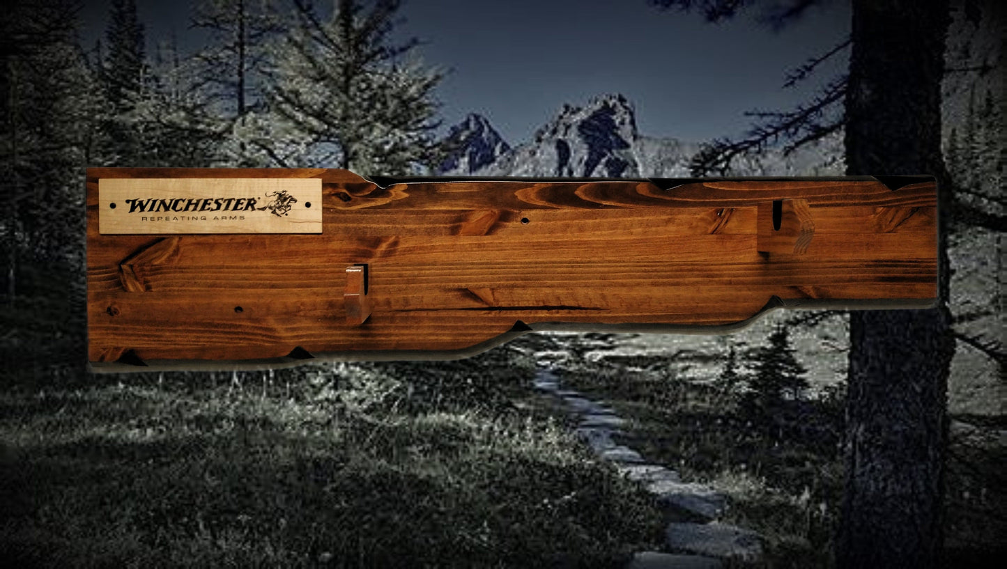 Walker Wood Gifts Rustic Lever Action Winchester Rifle Display Faux Live Edge Knotty Pine Gun Rack CabinDécor Collectors Gift