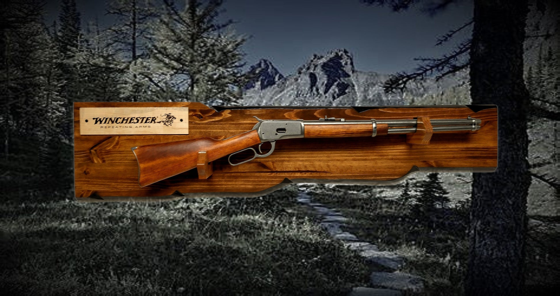 Walker Wood Gifts Rustic Lever Action Winchester Rifle Display Faux Live Edge Knotty Pine Gun Rack CabinDécor Collectors Gift