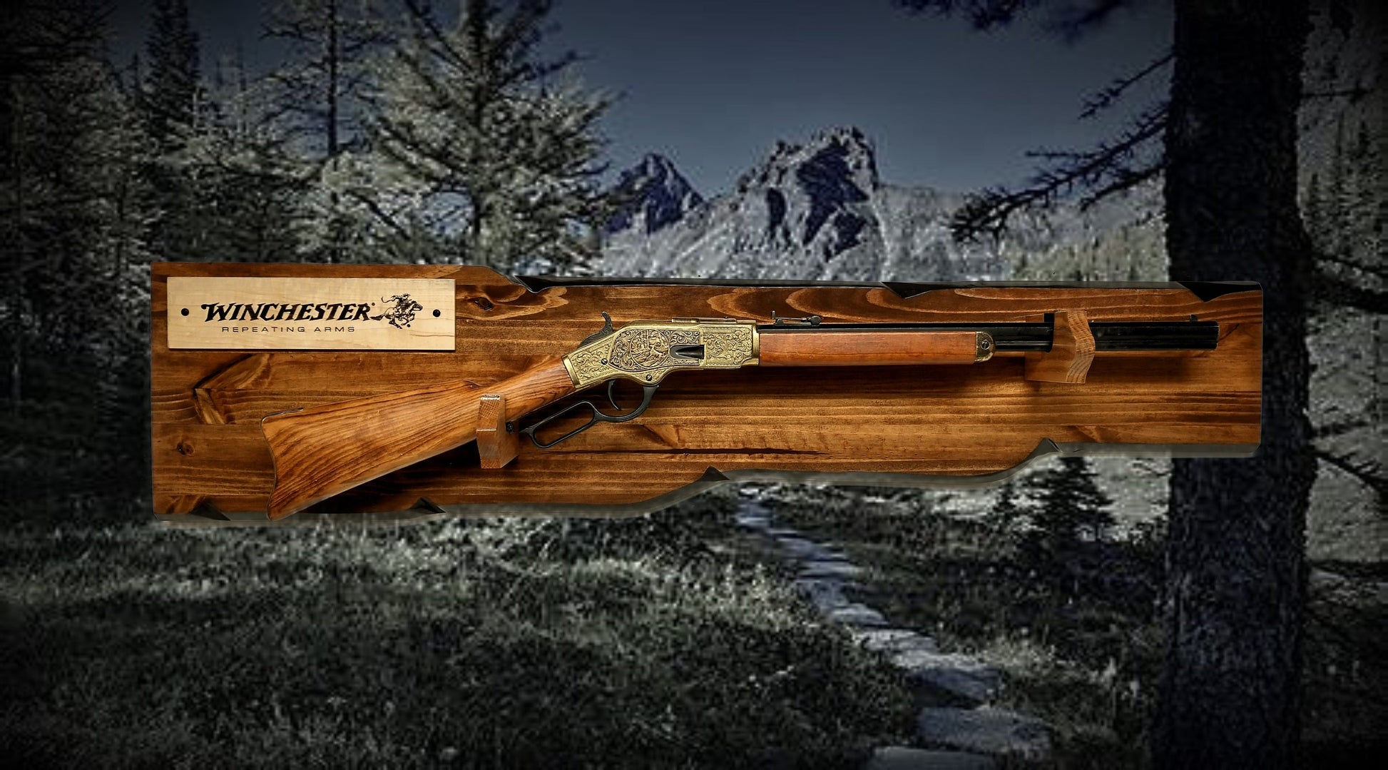 Walker Wood Gifts Rustic Lever Action Winchester Rifle Display Faux Live Edge Knotty Pine Gun Rack CabinDécor Collectors Gift