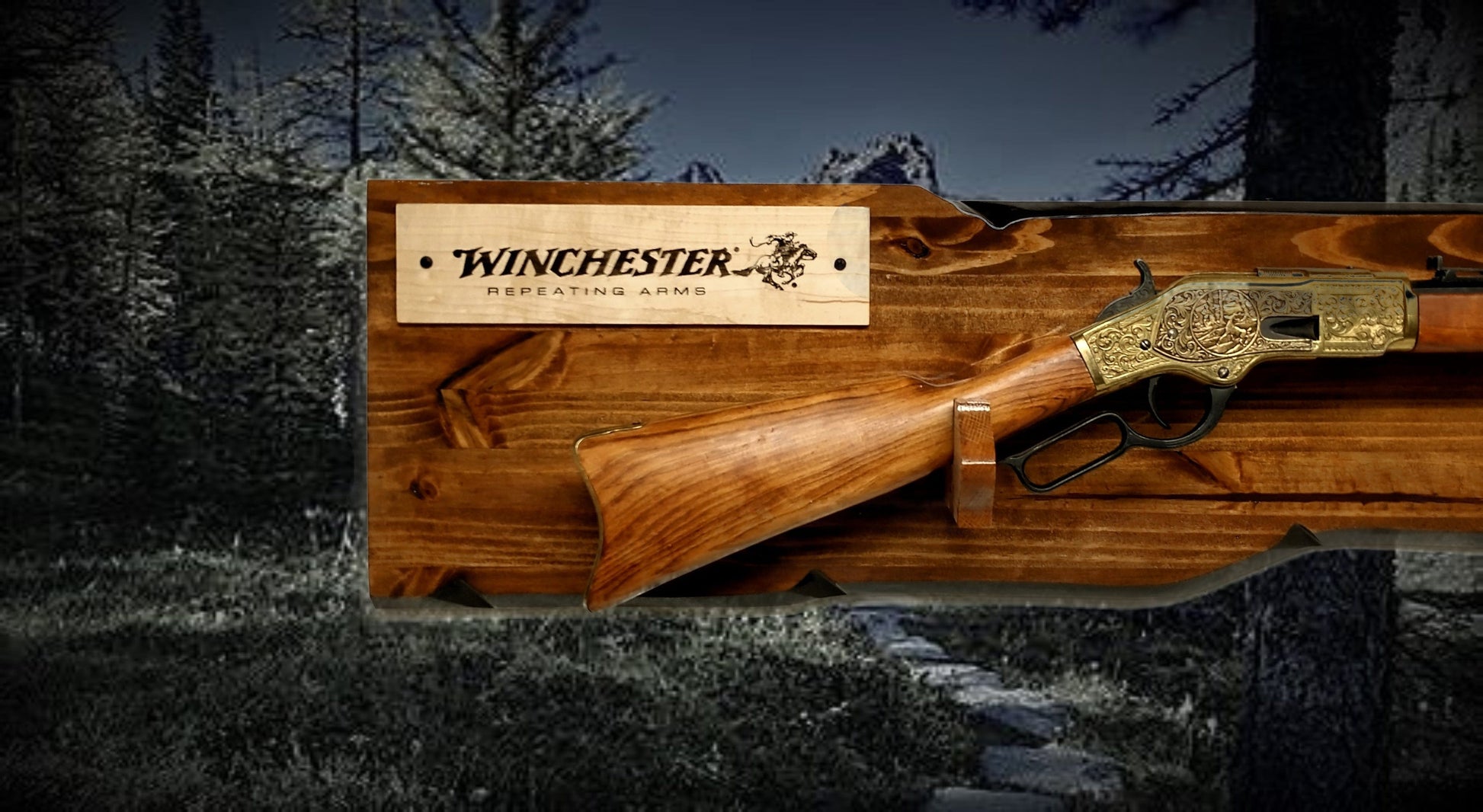 Walker Wood Gifts Rustic Lever Action Winchester Rifle Display Faux Live Edge Knotty Pine Gun Rack CabinDécor Collectors Gift