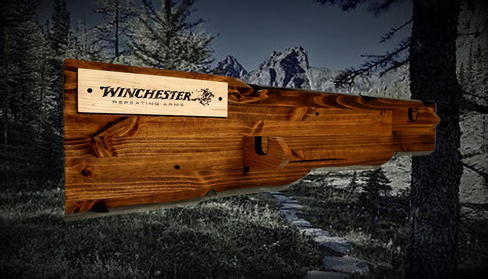 Walker Wood Gifts Rustic Lever Action Winchester Rifle Display Faux Live Edge Knotty Pine Gun Rack CabinDécor Collectors Gift