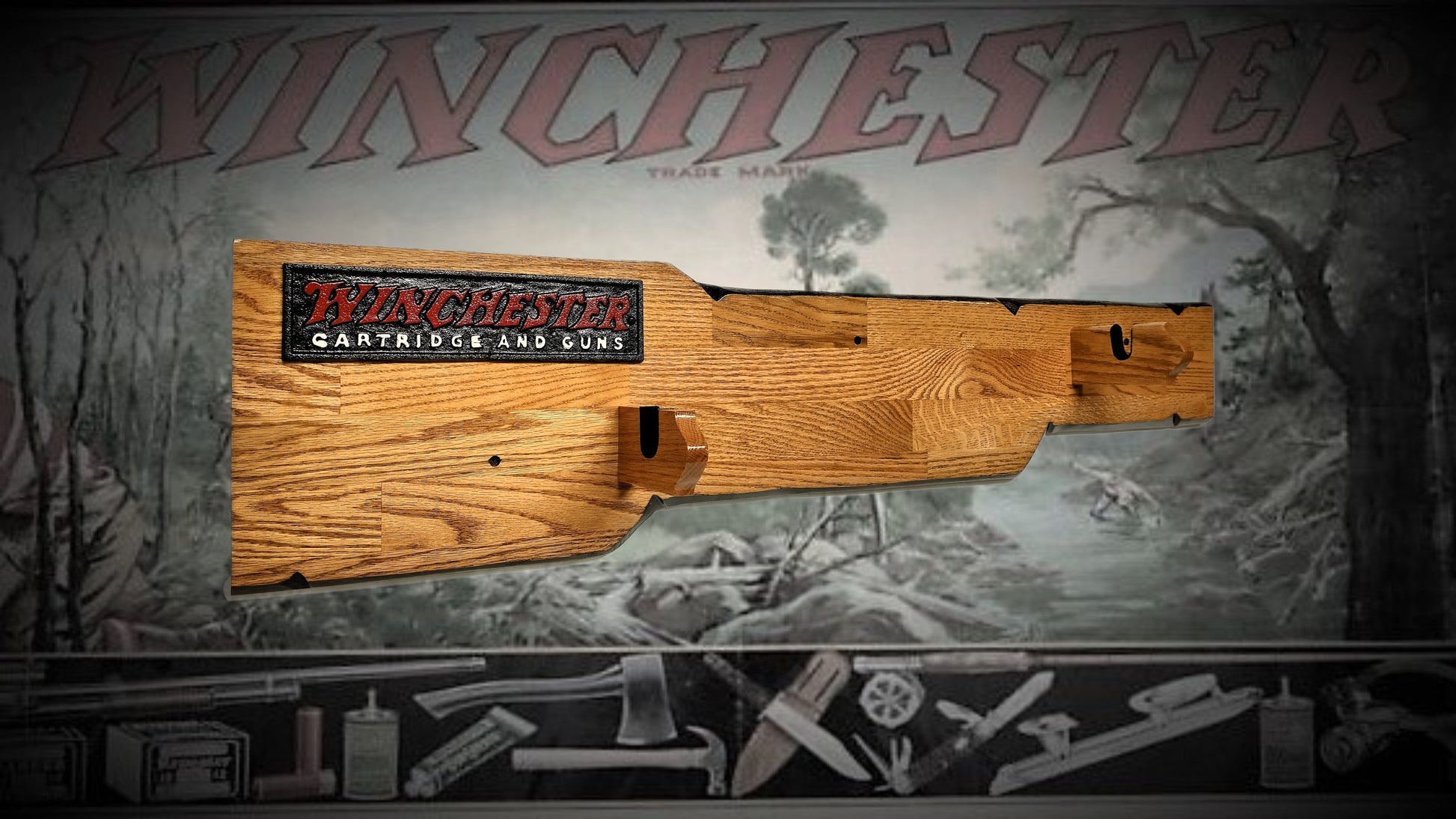 Walker Wood Gifts Rustic Lever Action Winchester Rifle Display Faux Live Edge Oak  Gun Rack Cabin Décor Collectors Gift