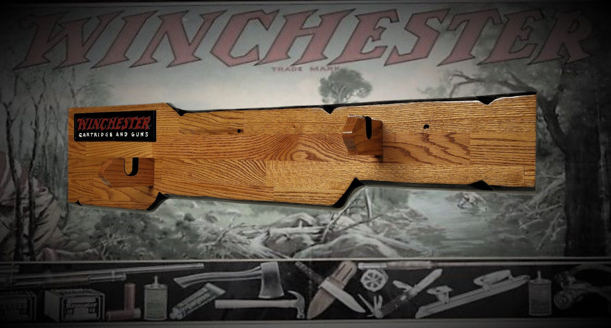 Walker Wood Gifts Rustic Lever Action Winchester Rifle Display Faux Live Edge Oak  Gun Rack Cabin Décor Collectors Gift