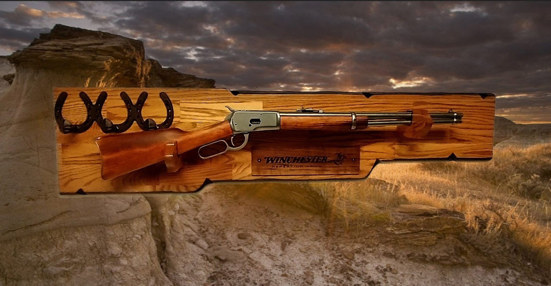 Walker Wood Gifts Rustic Lever Action Winchester Rifle Display Faux Live Edge Oak  Gun Rack Cabin Décor Collectors Gift