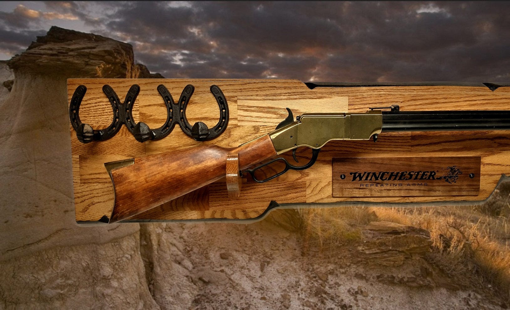 Walker Wood Gifts Rustic Lever Action Winchester Rifle Display Faux Live Edge Oak  Gun Rack Cabin Décor Collectors Gift