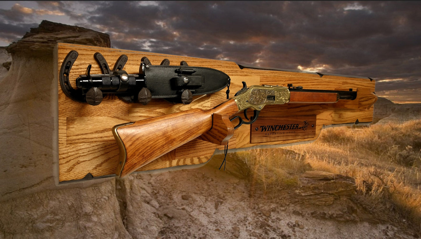 Walker Wood Gifts Rustic Lever Action Winchester Rifle Display Faux Live Edge Oak  Gun Rack Cabin Décor Collectors Gift