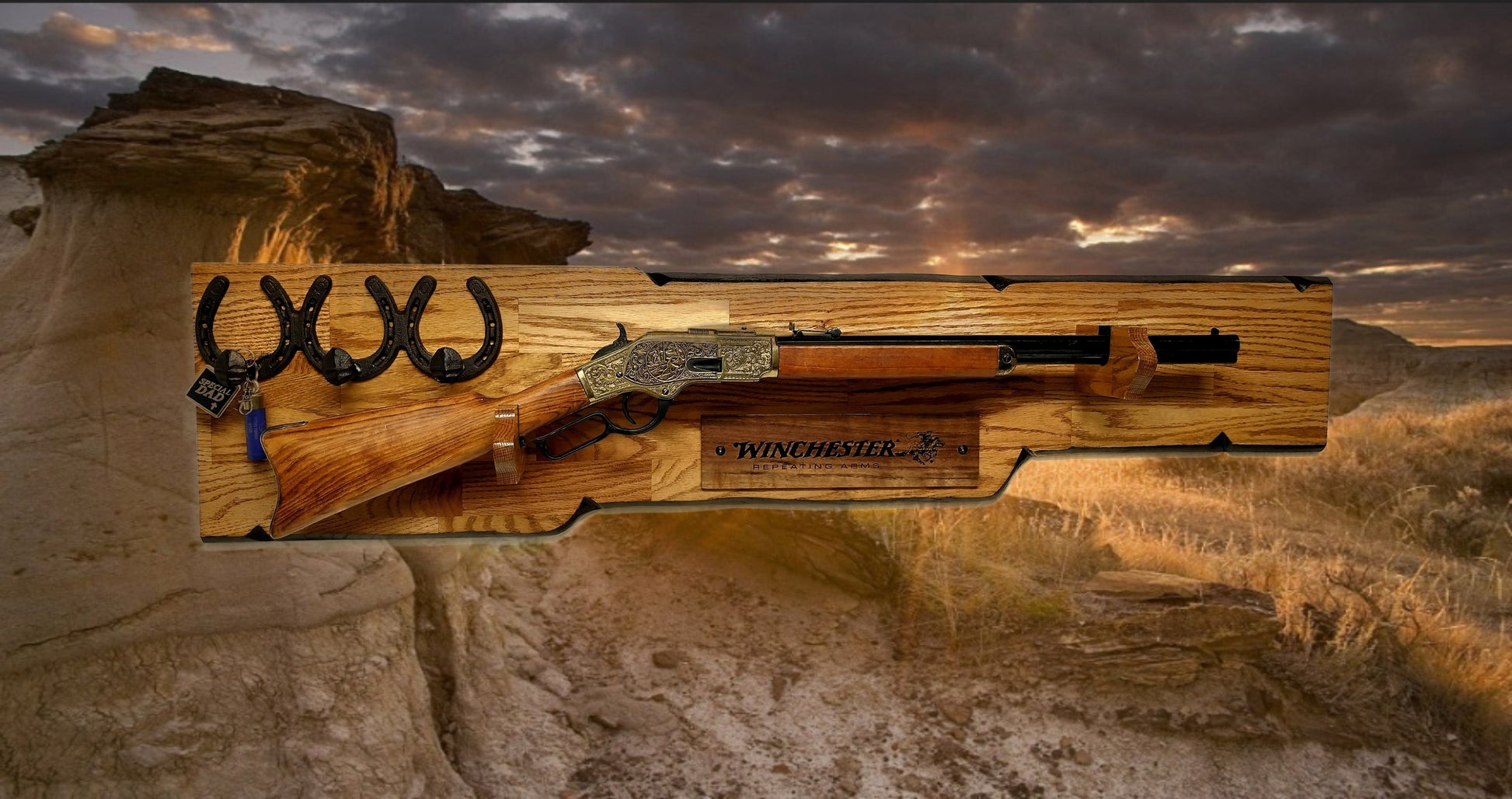 Walker Wood Gifts Rustic Lever Action Winchester Rifle Display Faux Live Edge Oak  Gun Rack Cabin Décor Collectors Gift