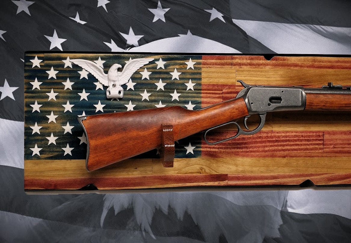 Walker Wood Gifts Rustic Old Glory Eagle Flag Lever Action Rifle Display with Knotty Pine Faux Live Edge – A Perfect Collectors' Gift