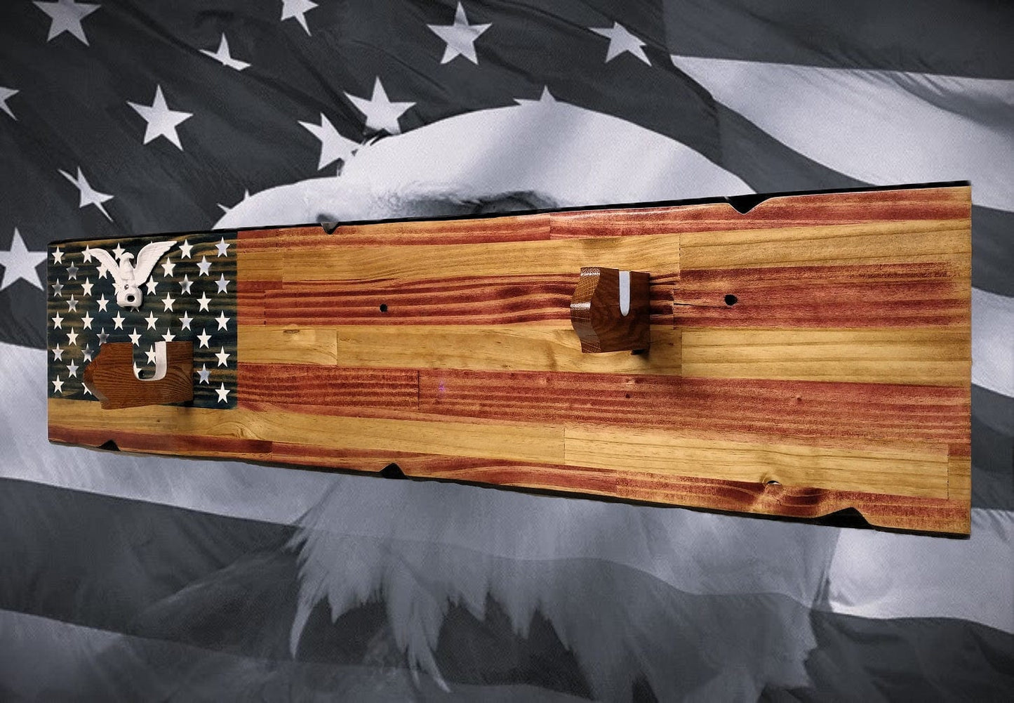 Walker Wood Gifts Rustic Old Glory Eagle Flag Lever Action Rifle Display with Knotty Pine Faux Live Edge – A Perfect Collectors' Gift