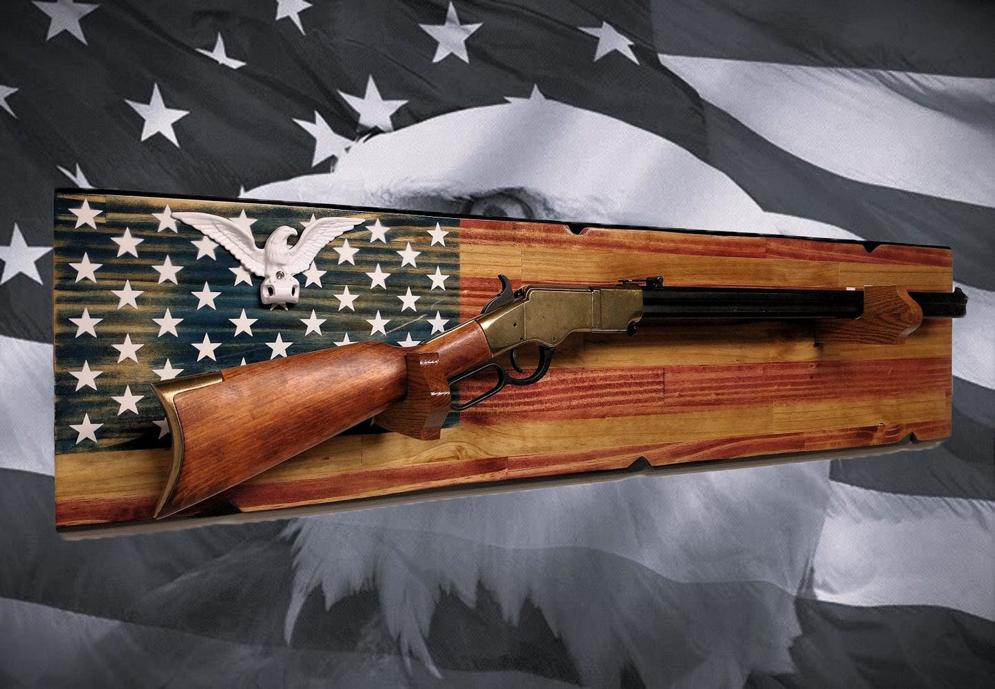 Walker Wood Gifts Rustic Old Glory Eagle Flag Lever Action Rifle Display with Knotty Pine Faux Live Edge – A Perfect Collectors' Gift