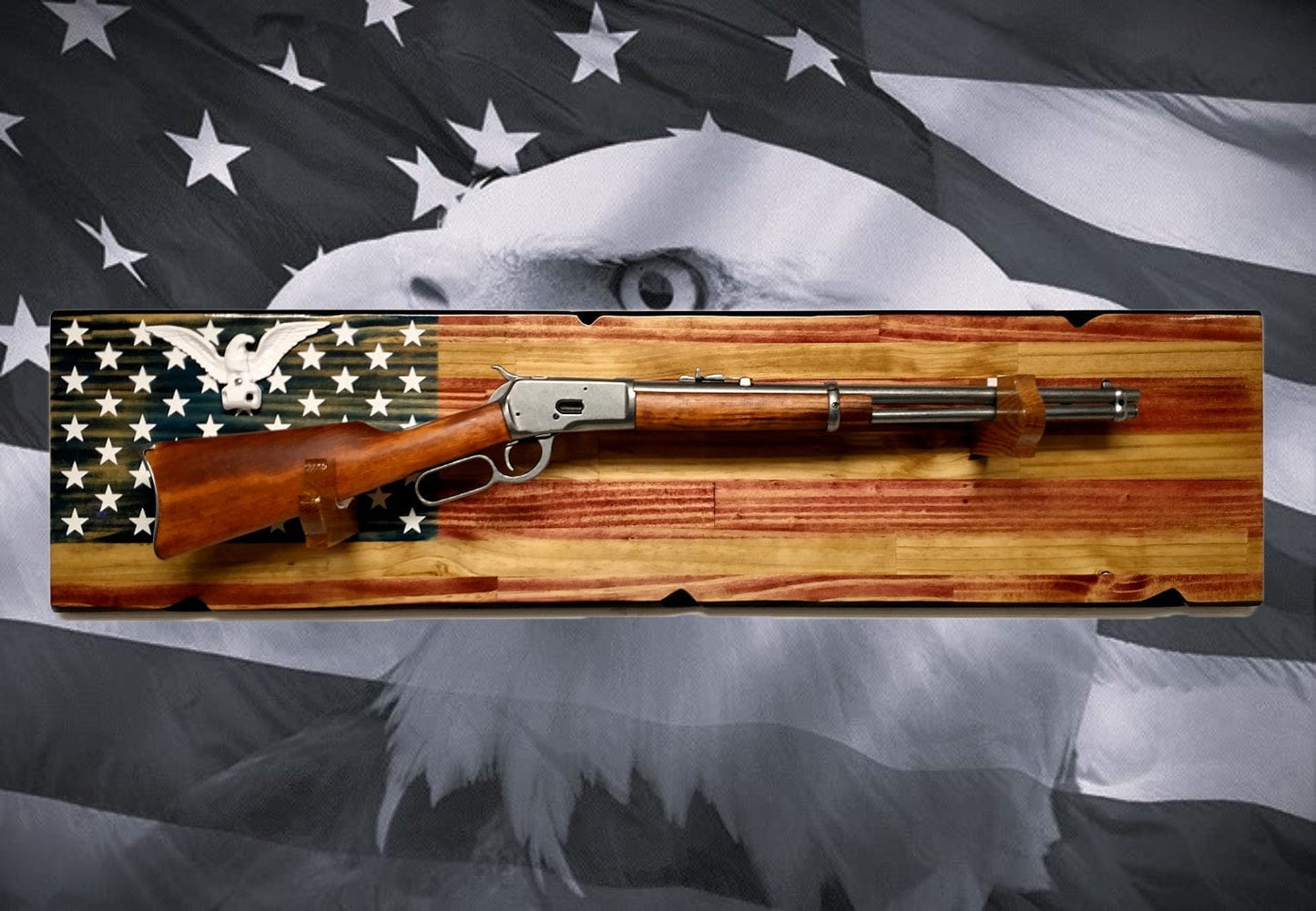 Walker Wood Gifts Rustic Old Glory Eagle Flag Lever Action Rifle Display with Knotty Pine Faux Live Edge – A Perfect Collectors' Gift