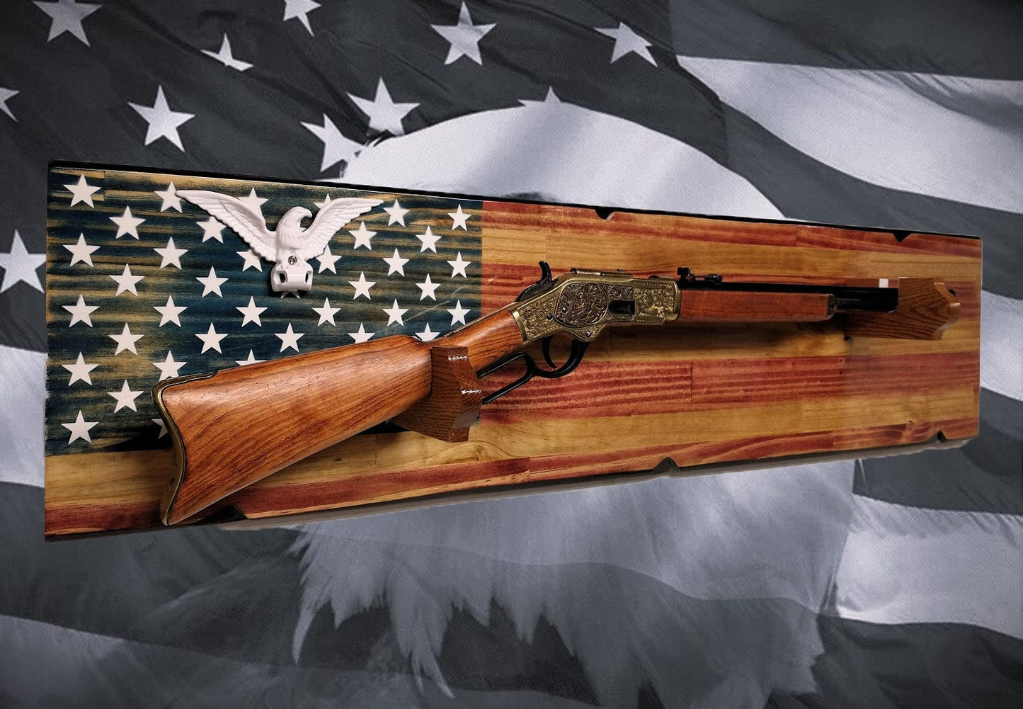 Walker Wood Gifts Rustic Old Glory Eagle Flag Lever Action Rifle Display with Knotty Pine Faux Live Edge – A Perfect Collectors' Gift