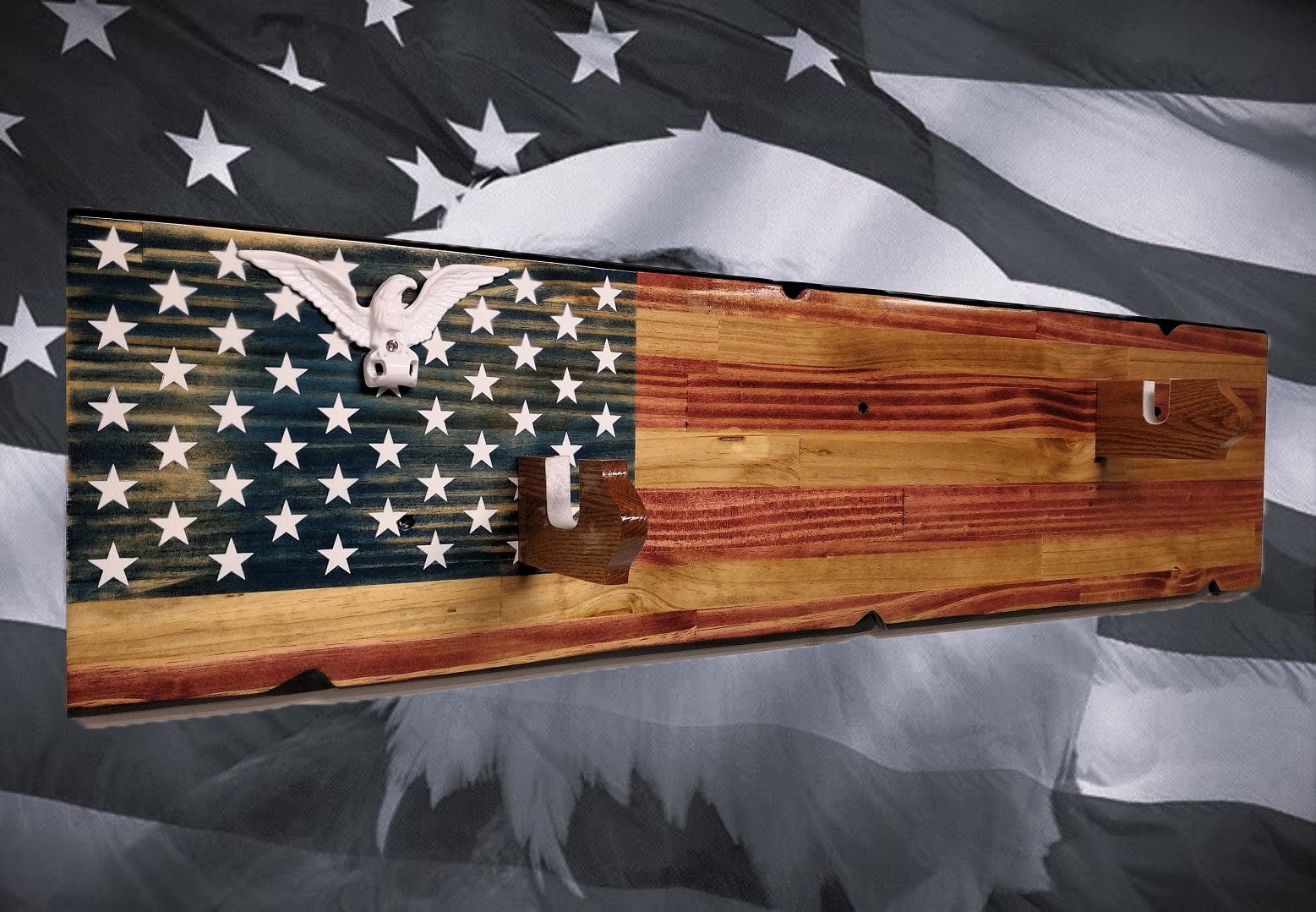 Walker Wood Gifts Rustic Old Glory Eagle Flag Lever Action Rifle Display with Knotty Pine Faux Live Edge – A Perfect Collectors' Gift