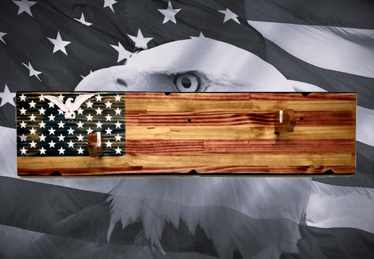 Walker Wood Gifts Rustic Old Glory Eagle Flag Lever Action Rifle Display with Knotty Pine Faux Live Edge – A Perfect Collectors' Gift