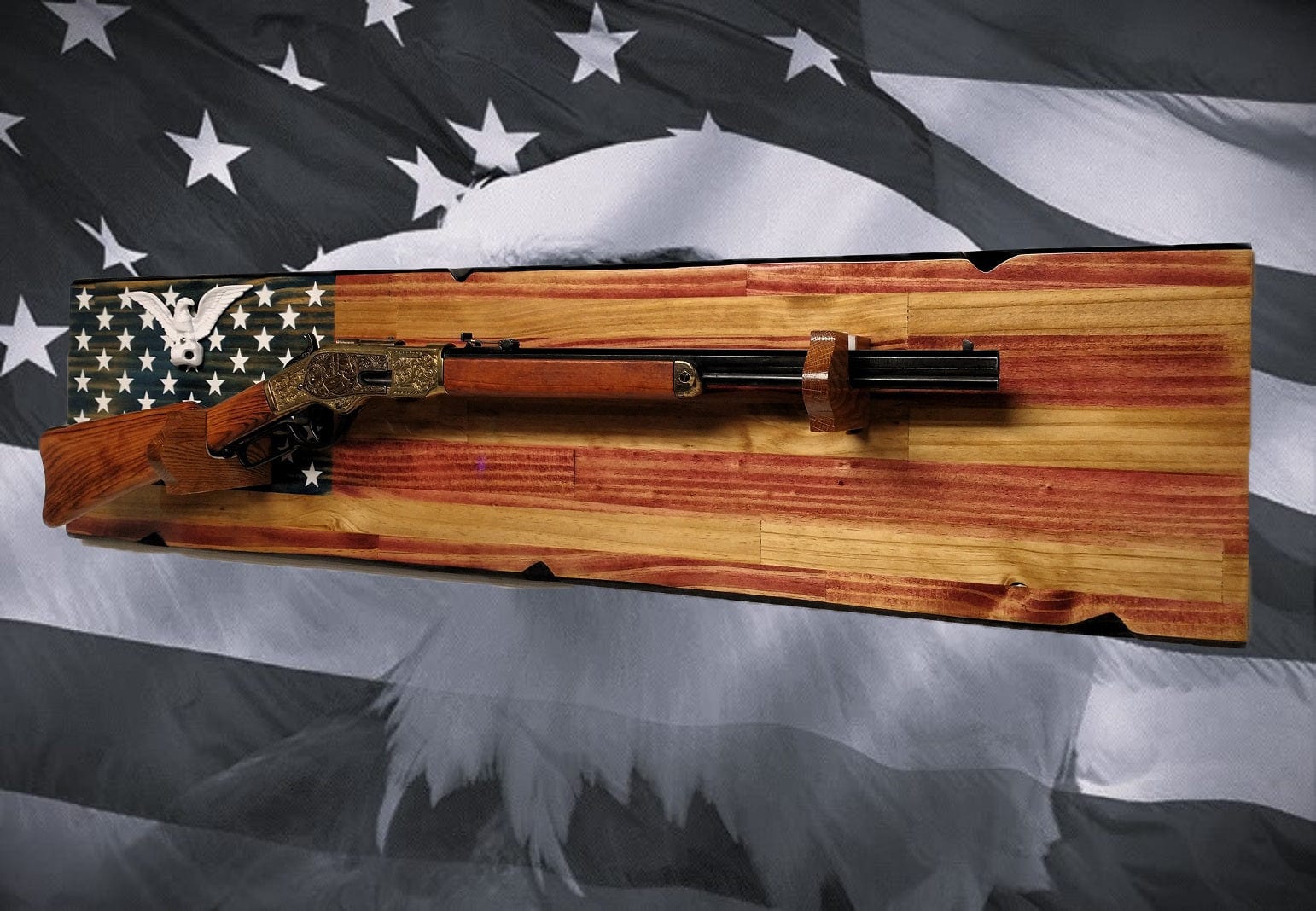 Walker Wood Gifts Rustic Old Glory Eagle Flag Lever Action Rifle Display with Knotty Pine Faux Live Edge – A Perfect Collectors' Gift