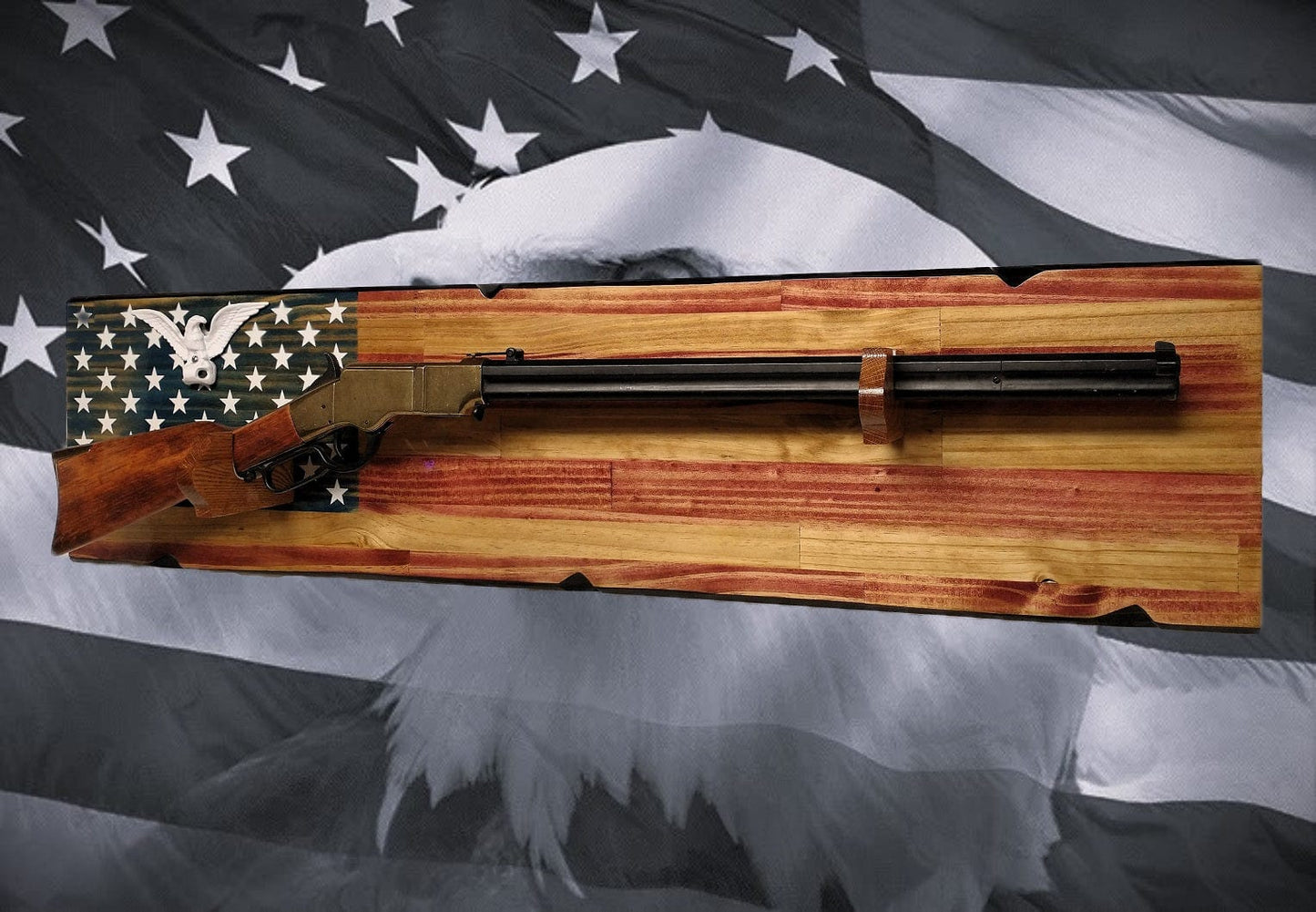 Walker Wood Gifts Rustic Old Glory Eagle Flag Lever Action Rifle Display with Knotty Pine Faux Live Edge – A Perfect Collectors' Gift