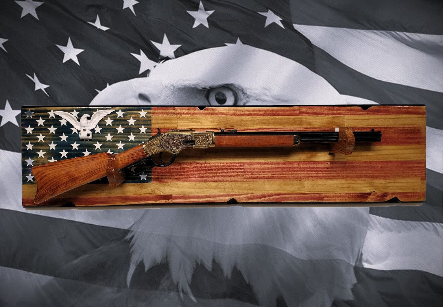 Walker Wood Gifts Rustic Old Glory Eagle Flag Lever Action Rifle Display with Knotty Pine Faux Live Edge – A Perfect Collectors' Gift