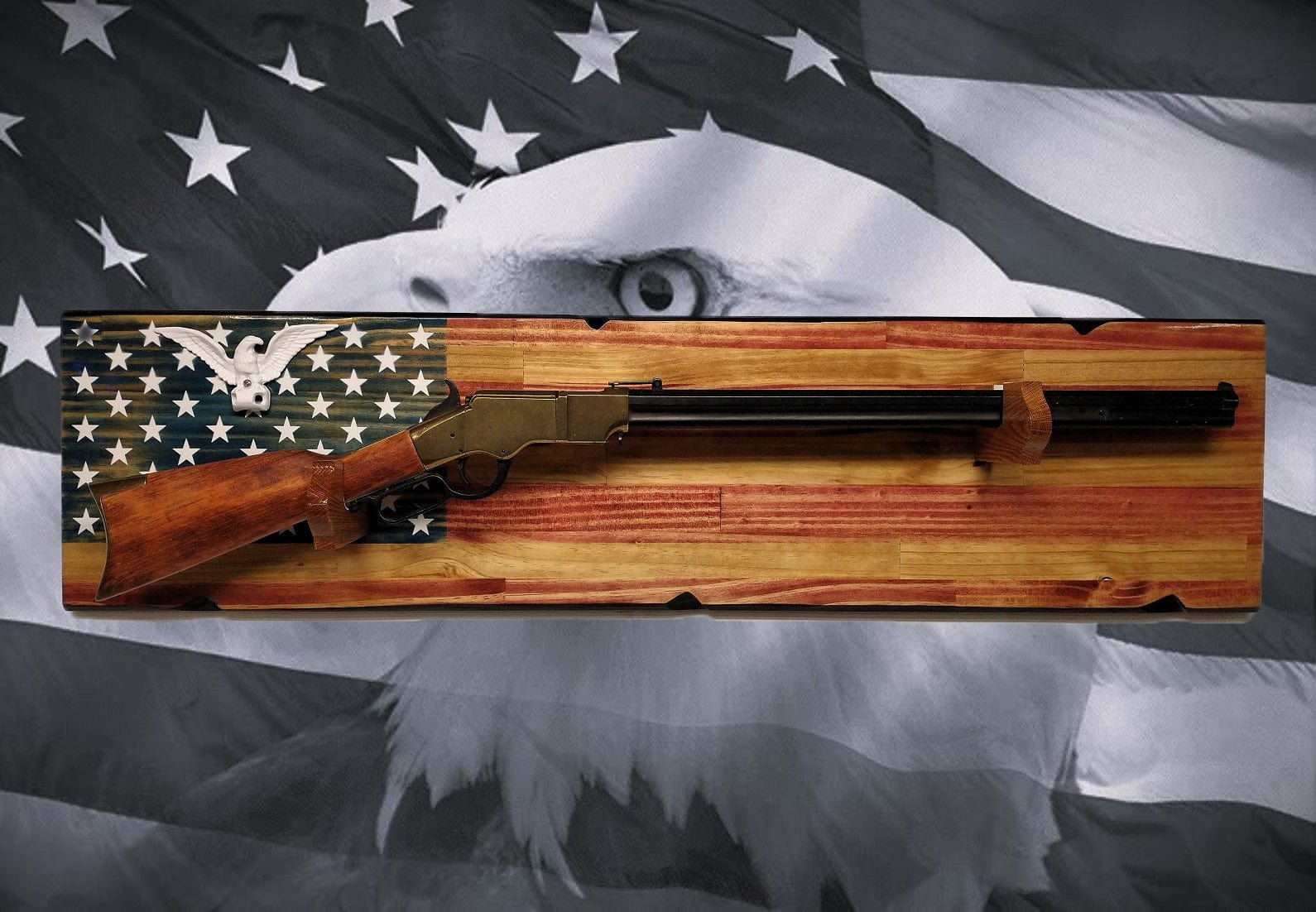 Walker Wood Gifts Rustic Old Glory Eagle Flag Lever Action Rifle Display with Knotty Pine Faux Live Edge – A Perfect Collectors' Gift