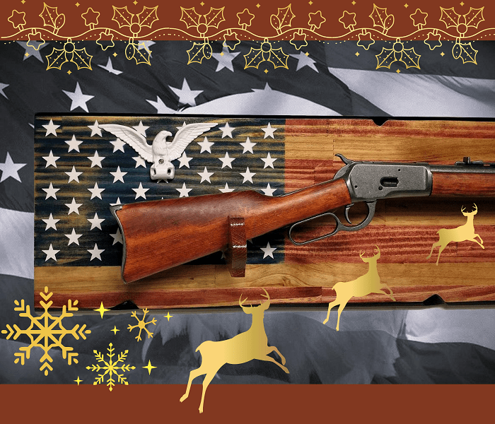 Walker Wood Gifts Rustic Old Glory Eagle Flag Lever Action Rifle Display with Knotty Pine Faux Live Edge – A Perfect Collectors' Gift