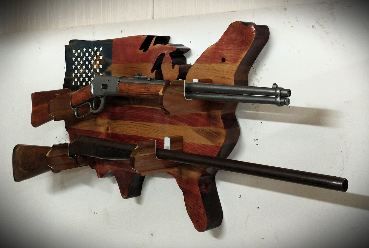 Walker Wood Gifts Rustic Old Glory USA Lever Action Rifle Shotgun Wall Display Collector Gift