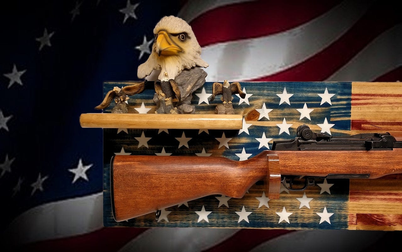 Walker Wood Gifts Rustic Old Glory Vintage M1 Carbine Rifle Wall Display with Shelf Patriot American Decor Soldier Collectors Gift