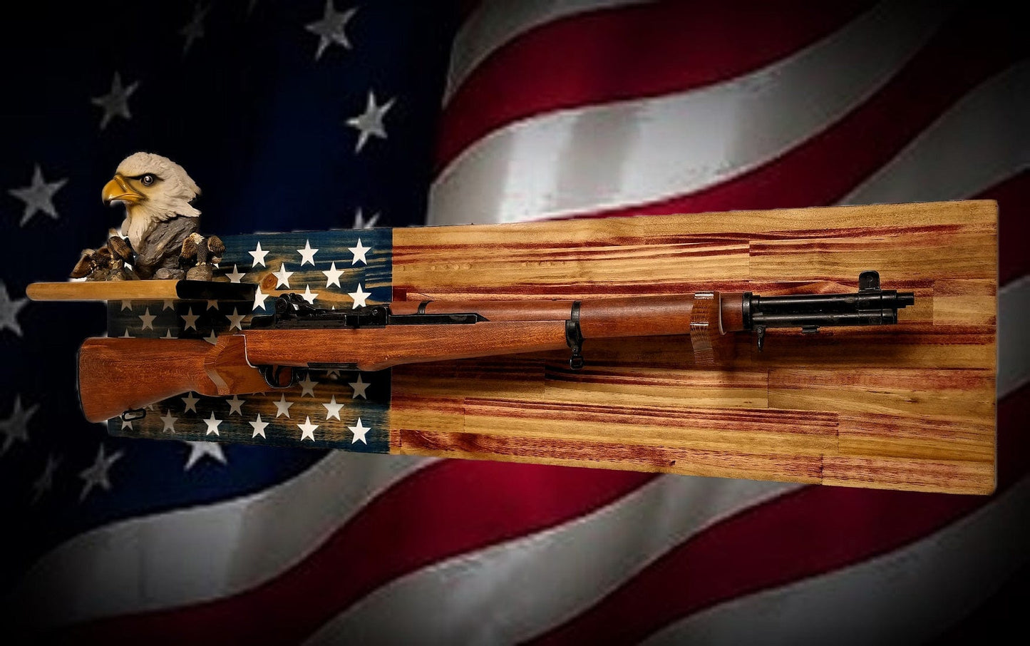Walker Wood Gifts Rustic Old Glory Vintage M1 Carbine Rifle Wall Display with Shelf Patriot American Decor Soldier Collectors Gift