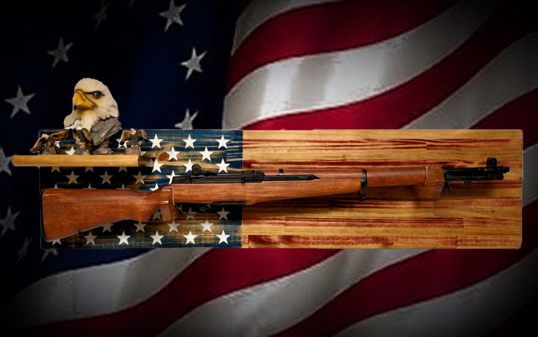 Walker Wood Gifts Rustic Old Glory Vintage M1 Carbine Rifle Wall Display with Shelf Patriot American Decor Soldier Collectors Gift