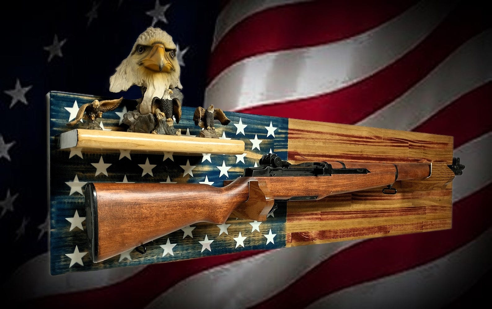 Walker Wood Gifts Rustic Old Glory Vintage M1 Carbine Rifle Wall Display with Shelf Patriot American Decor Soldier Collectors Gift