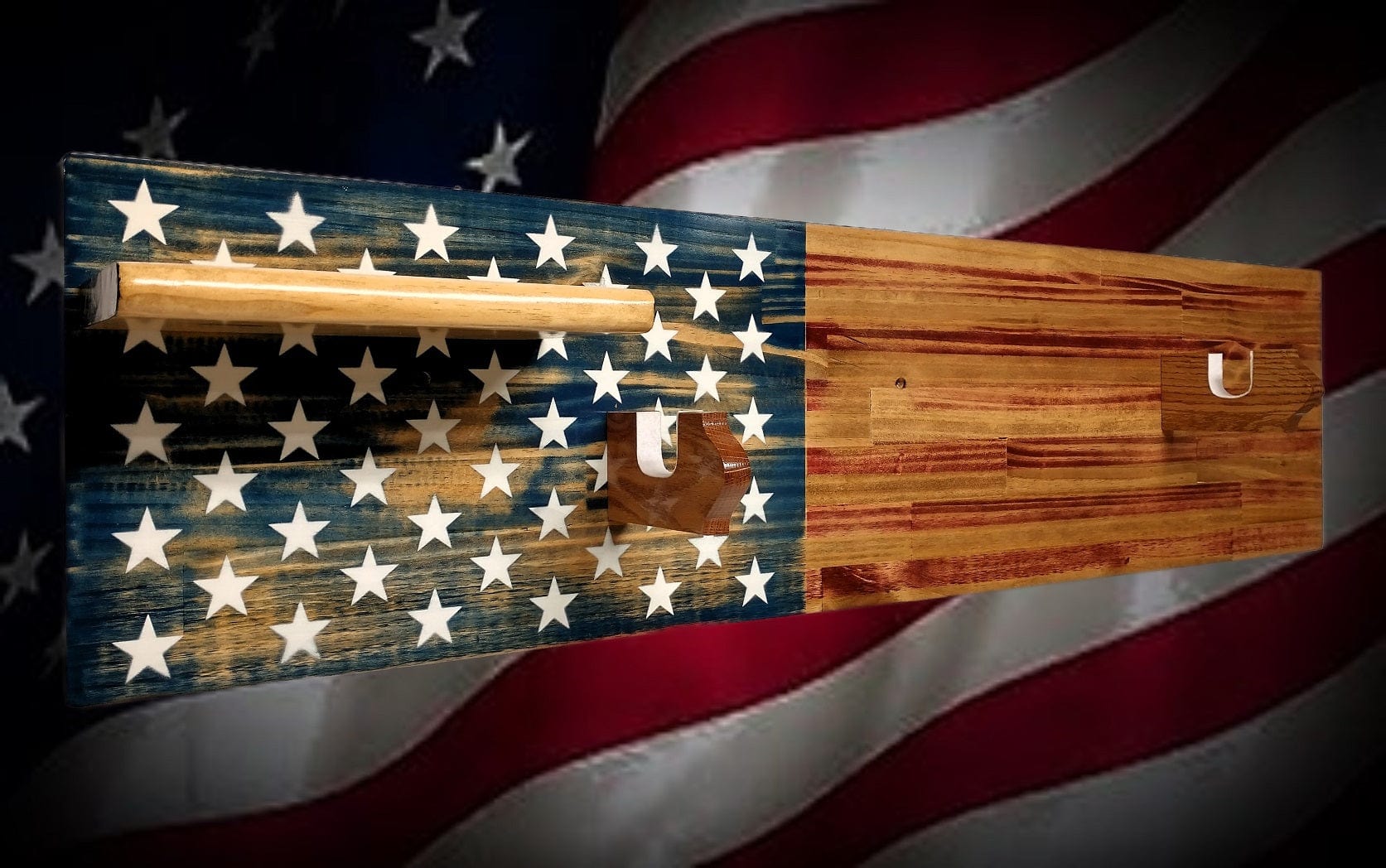 Walker Wood Gifts Rustic Old Glory Vintage M1 Carbine Rifle Wall Display with Shelf Patriot American Decor Soldier Collectors Gift