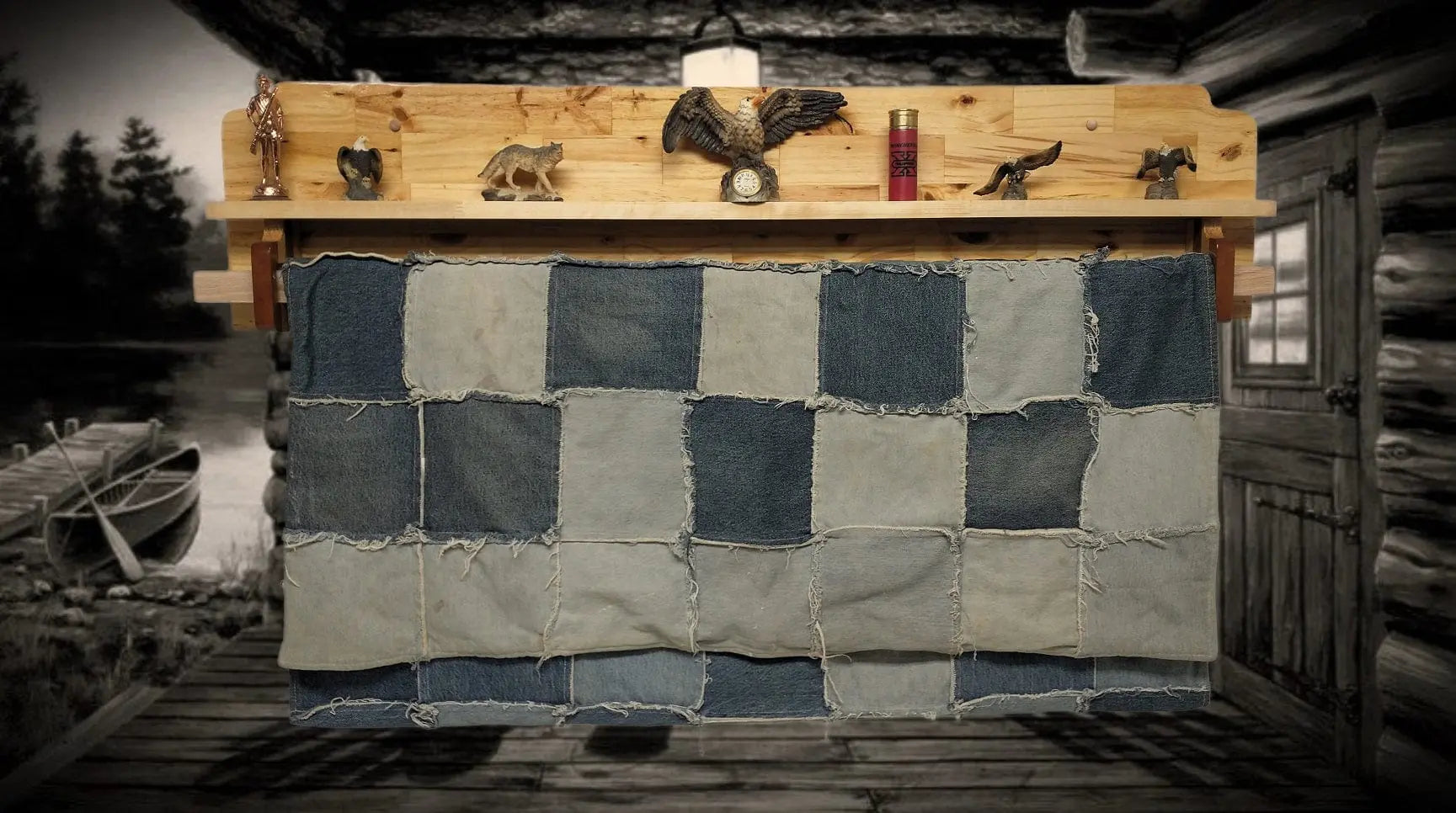 Cabin Knotty Pine Rustic Quilt Rack Wall Mounted with Shelf Farmhouse