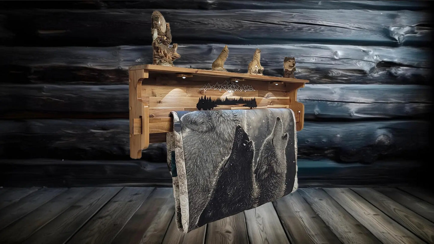 Walker Wood Gifts rustic quilt rack Lighted Quilt Rack with Shelf | Rustic Cabin Acacia Quilt Display | Mountain Lodge Wall Hanging | Handmade Quilt Holder | Cabin Décor