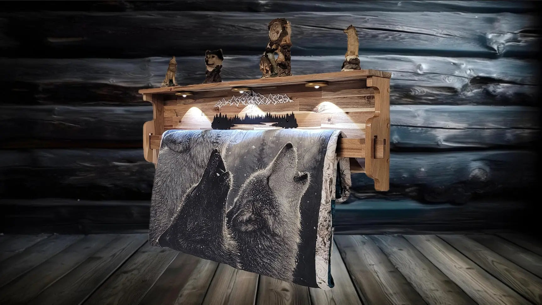 Walker Wood Gifts rustic quilt rack Lighted Quilt Rack with Shelf | Rustic Cabin Acacia Quilt Display | Mountain Lodge Wall Hanging | Handmade Quilt Holder | Cabin Décor