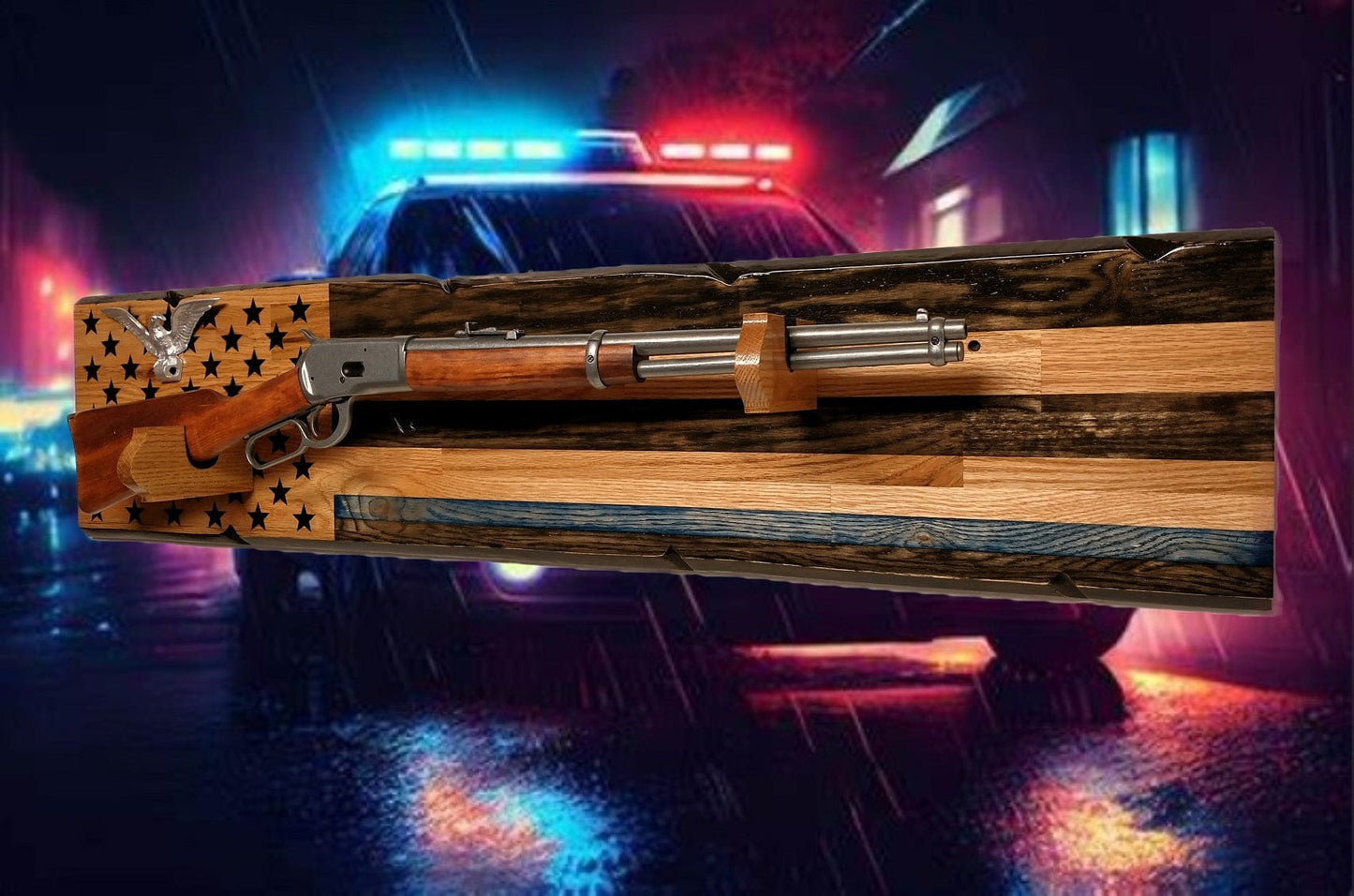 Walker Wood Gifts Rustic Silver Eagle Thin Blue Line Gun Rack Display Rifles and Shotguns A Patriotic Decor Police Officers Gift