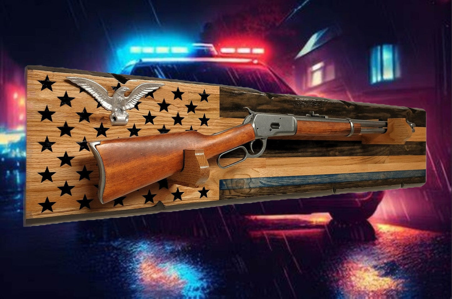 Walker Wood Gifts Rustic Silver Eagle Thin Blue Line Gun Rack Display Rifles and Shotguns A Patriotic Decor Police Officers Gift