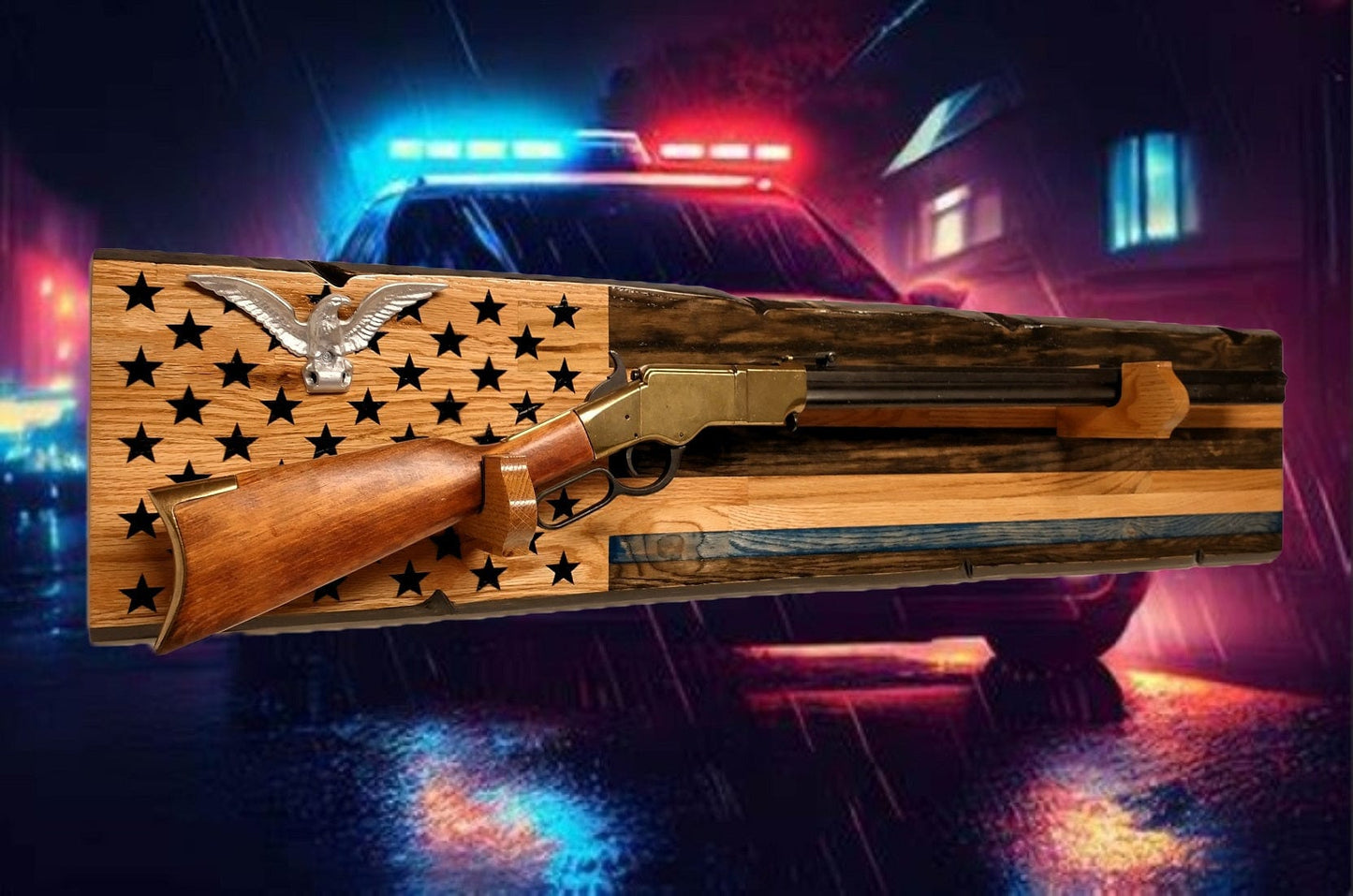 Walker Wood Gifts Rustic Silver Eagle Thin Blue Line Gun Rack Display Rifles and Shotguns A Patriotic Decor Police Officers Gift