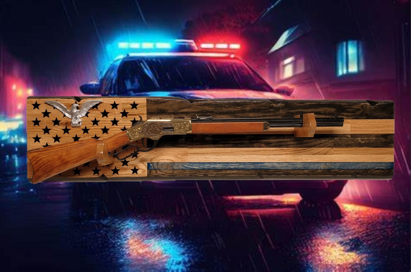 Walker Wood Gifts Rustic Silver Eagle Thin Blue Line Gun Rack Display Rifles and Shotguns A Patriotic Decor Police Officers Gift