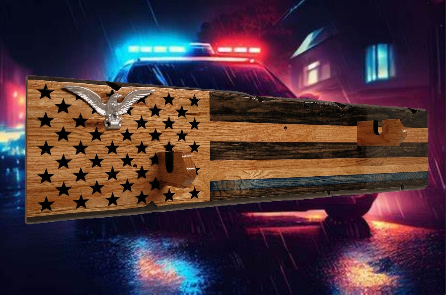 Walker Wood Gifts Rustic Silver Eagle Thin Blue Line Gun Rack Display Rifles and Shotguns A Patriotic Decor Police Officers Gift