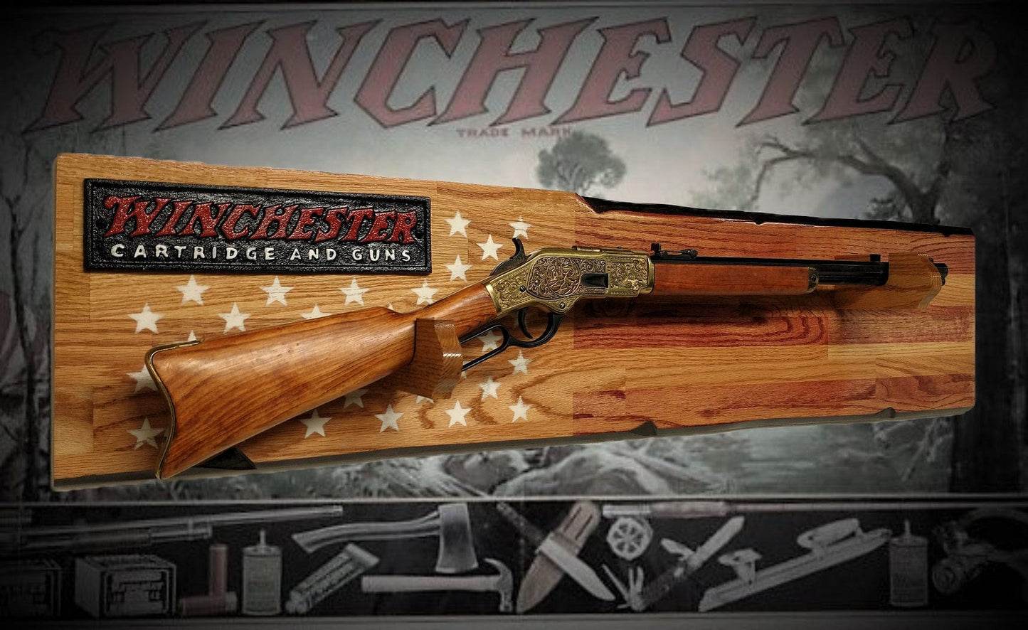 Walker Wood Gifts Rustic Winchester 50 White Star Lever Action Rifle Display Faux Live Edge Oak Gun Rack Cabin Décor Collectors Gift