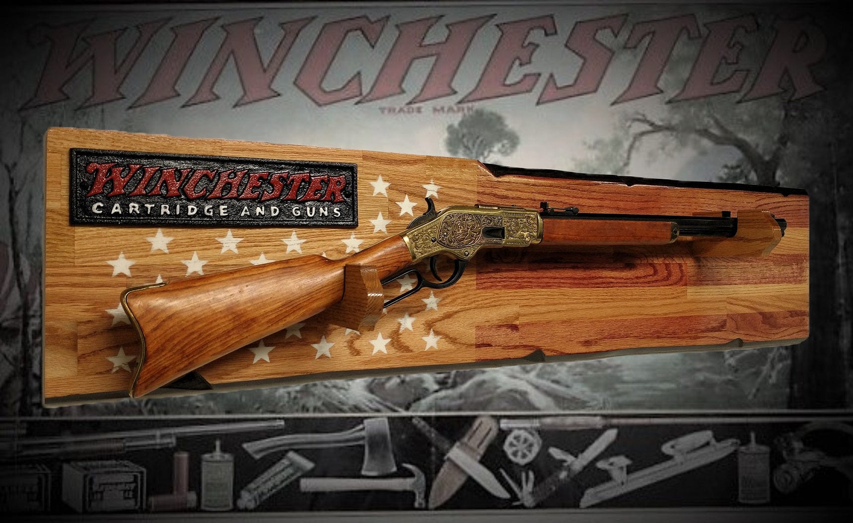 Walker Wood Gifts Rustic Winchester 50 White Star Lever Action Rifle Display Faux Live Edge Oak Gun Rack Cabin Décor Collectors Gift