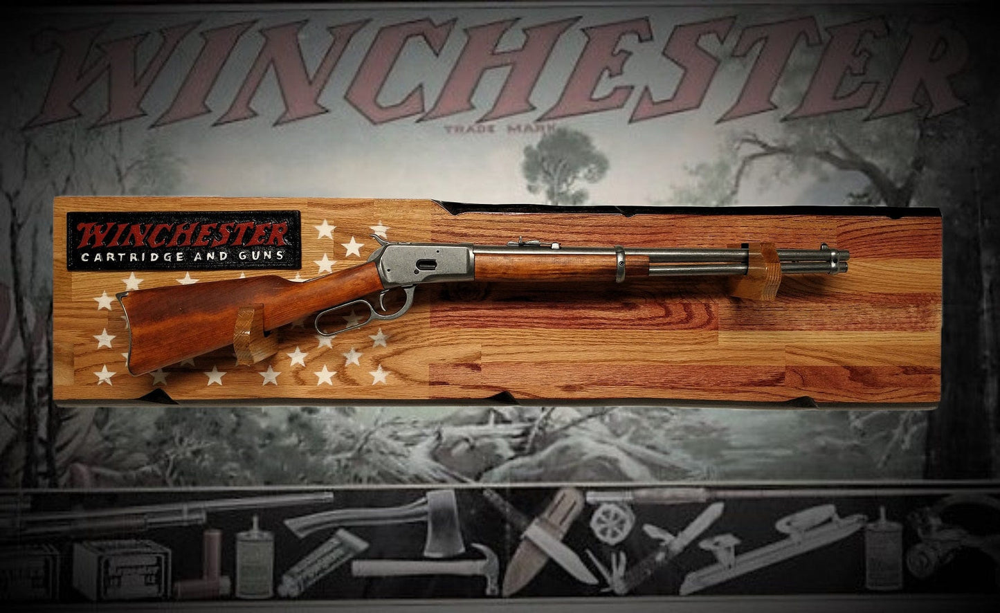 Walker Wood Gifts Rustic Winchester 50 White Star Lever Action Rifle Display Faux Live Edge Oak Gun Rack Cabin Décor Collectors Gift