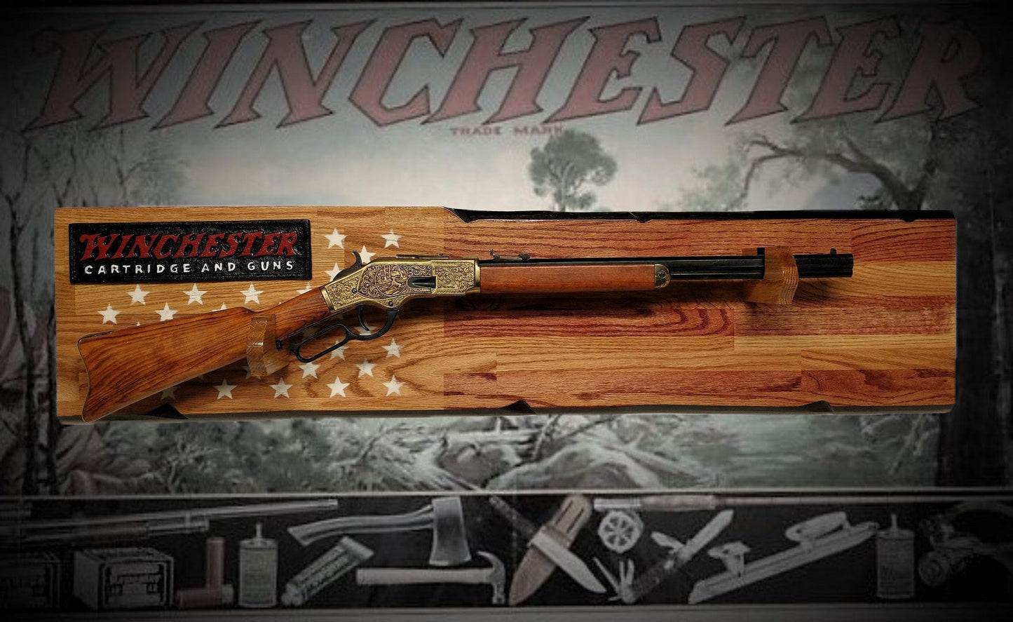 Walker Wood Gifts Rustic Winchester 50 White Star Lever Action Rifle Display Faux Live Edge Oak Gun Rack Cabin Décor Collectors Gift