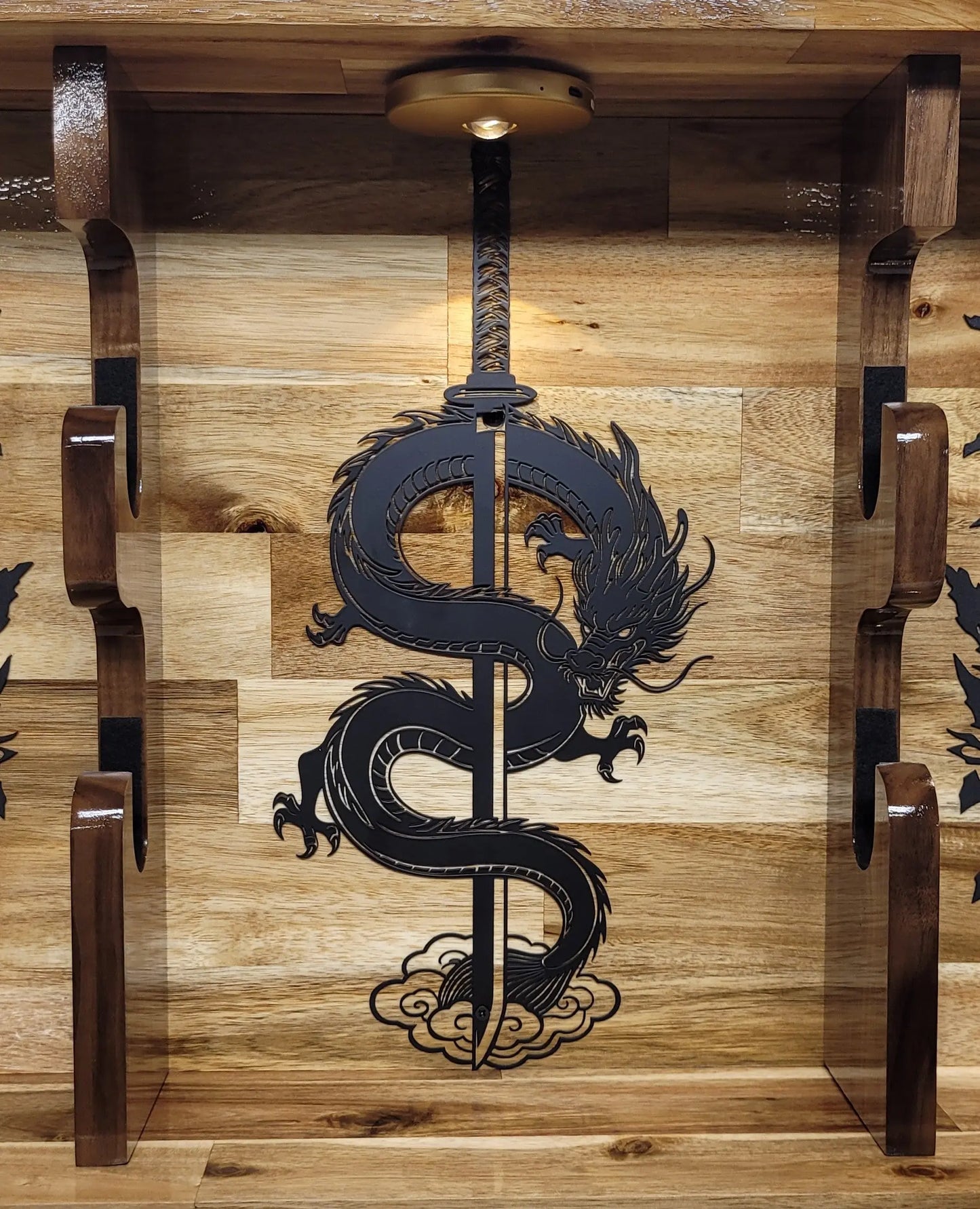 Walker Wood Gifts sword display 2 Tier Acacia Katana Sword Double Shelf Display Wall Rack Dragon Accents Japanese Dojo Gift