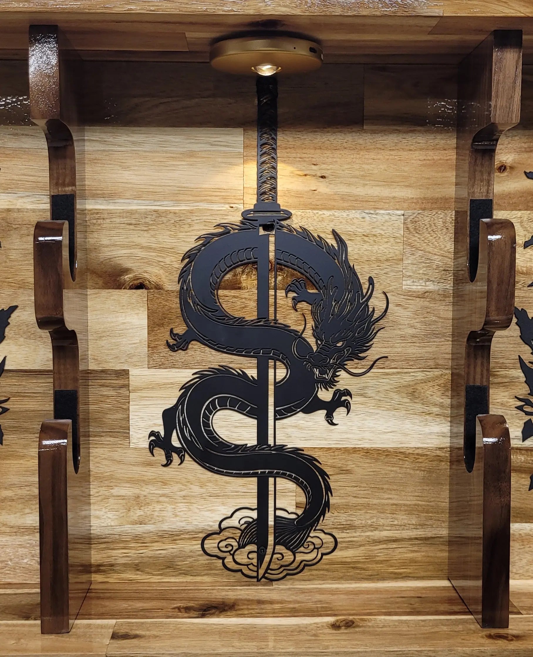 Walker Wood Gifts sword display 2 Tier Acacia Katana Sword Double Shelf Display Wall Rack Dragon Accents Japanese Dojo Gift