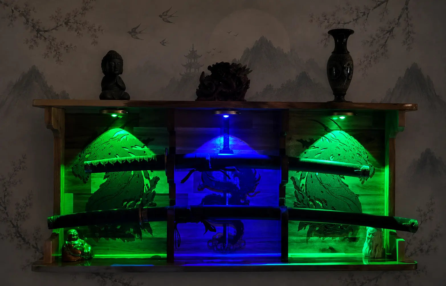 Walker Wood Gifts sword display 2 Tier Acacia Katana Sword Double Shelf Display Wall Rack Dragon Accents Japanese Dojo Gift