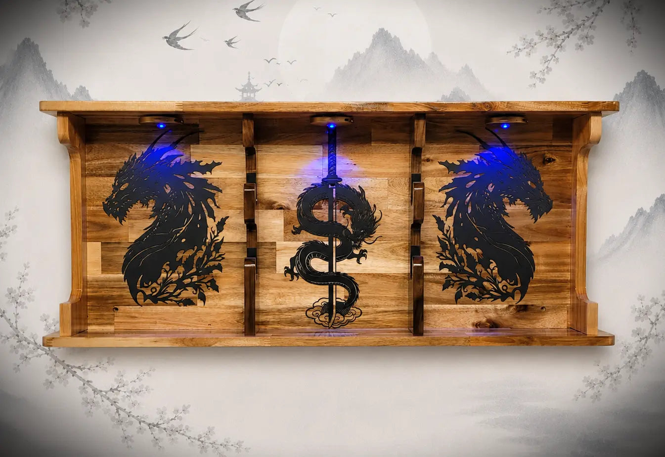 Walker Wood Gifts sword display 2 Tier Acacia Katana Sword Double Shelf Display Wall Rack Dragon Accents Japanese Dojo Gift