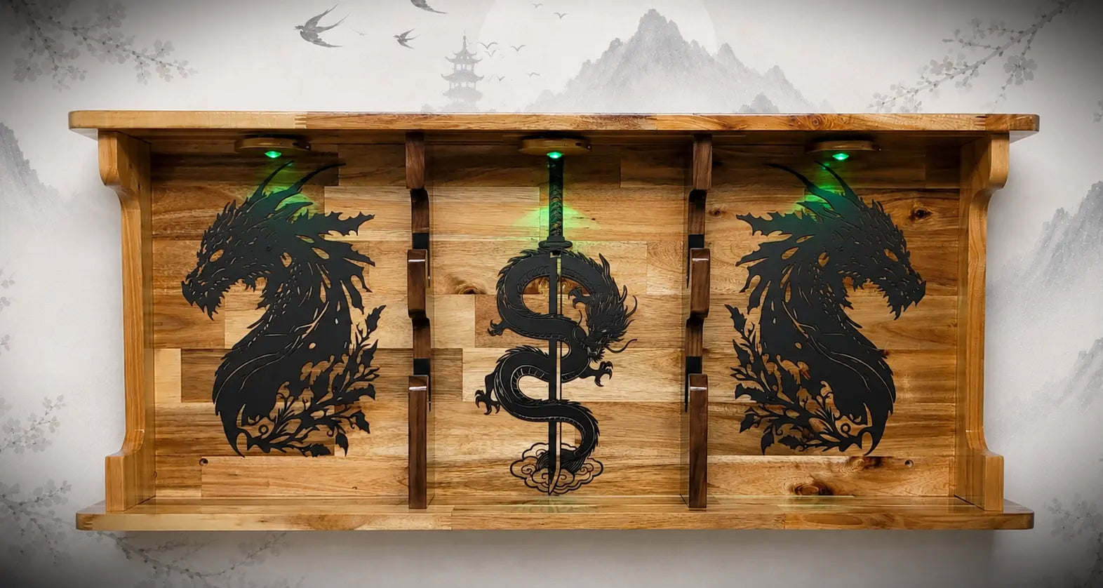 Walker Wood Gifts sword display 2 Tier Acacia Katana Sword Double Shelf Display Wall Rack Dragon Accents Japanese Dojo Gift