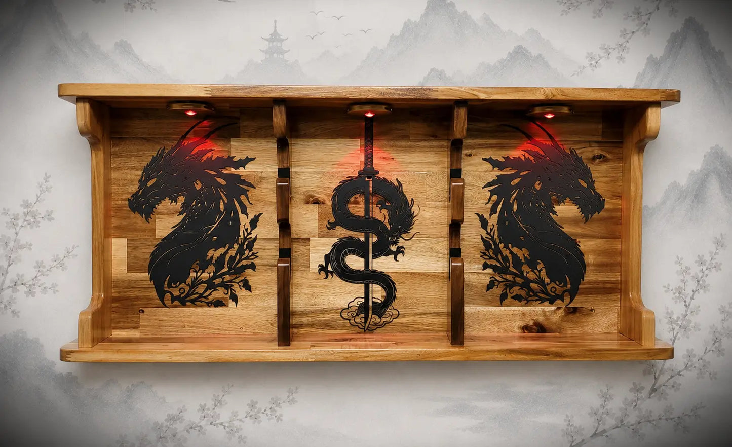 Walker Wood Gifts sword display 2 Tier Acacia Katana Sword Double Shelf Display Wall Rack Dragon Accents Japanese Dojo Gift