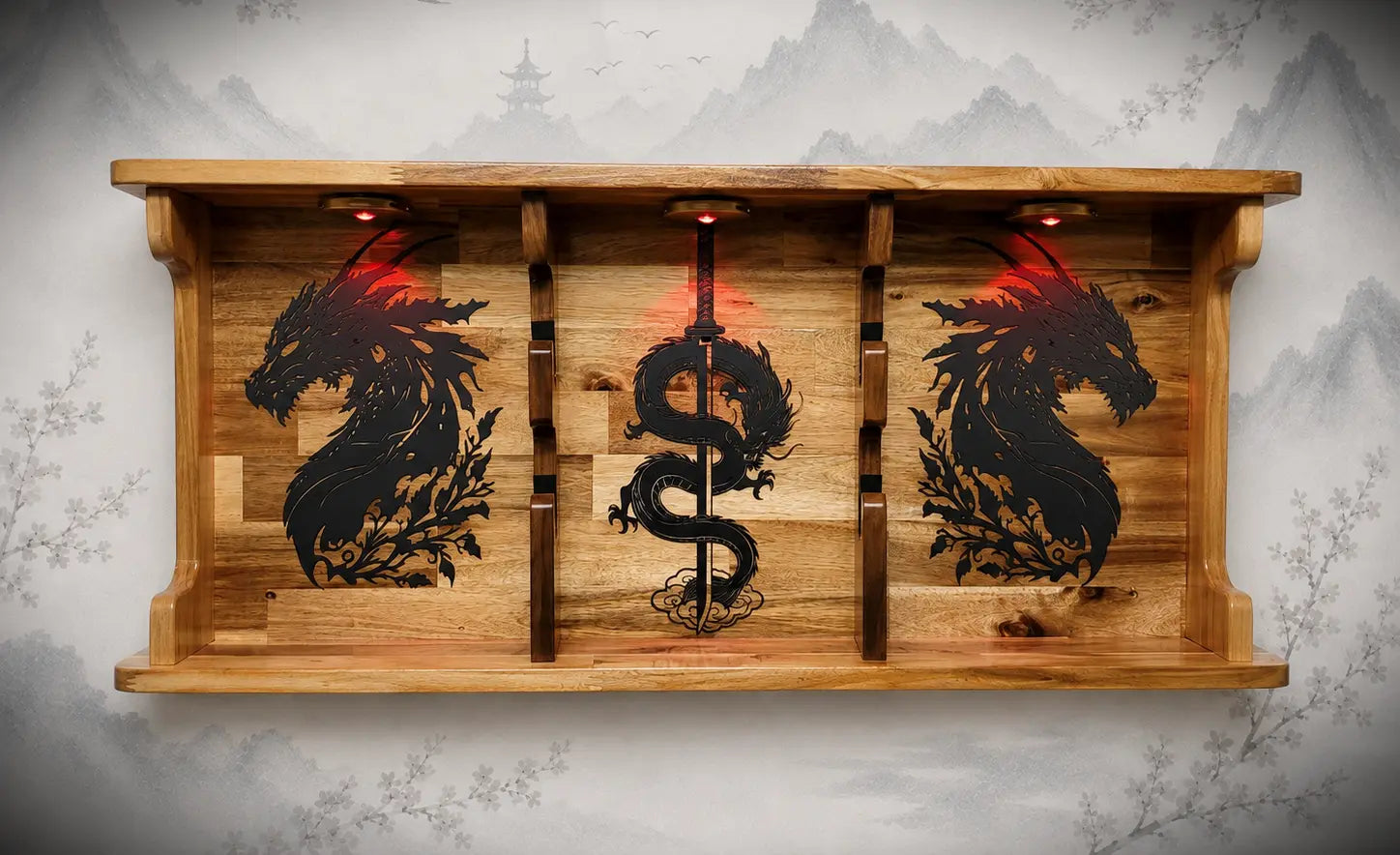 Walker Wood Gifts sword display 2 Tier Acacia Katana Sword Double Shelf Display Wall Rack Dragon Accents Japanese Dojo Gift