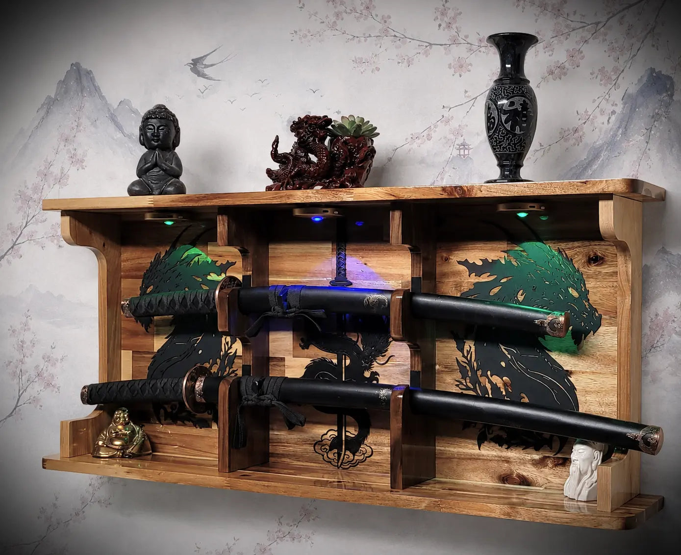 Walker Wood Gifts sword display 2 Tier Acacia Katana Sword Double Shelf Display Wall Rack Dragon Accents Japanese Dojo Gift