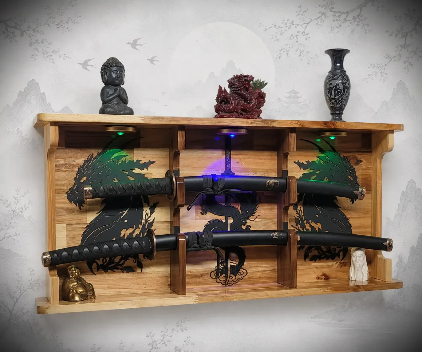 Walker Wood Gifts sword display 2 Tier Acacia Katana Sword Double Shelf Display Wall Rack Dragon Accents Japanese Dojo Gift